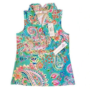 NWT Aryeh Ruffle Sleeveless Tank‎ Shirt Top Womens XS Bright Mint Paisley